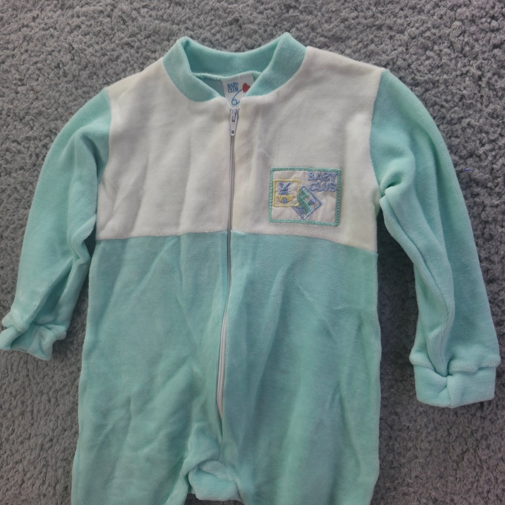Vintage Baby Club Mint Green White Velour Footed Sleeper 6-9 Months Made UK 90s